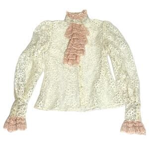 Lord & Taylor Vintage 1980s Cascade Collar Lace Blouse Pearl Buttons Women Small